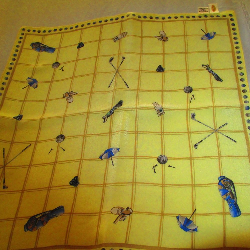 TALBOTS SILK SCARF 21" SQUARE GOLF THEME YELLOW